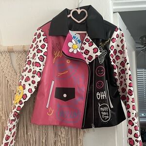 Trendy Colorful Graffiti Letter Gothic Punk Style Faux Leather Jacket size M